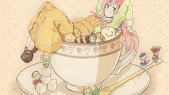 Food dress cups pink hair long hair anime girls green eyes 