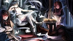 Food dress hats Throne red eyes arrows blue hair long hair 