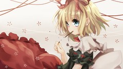 Food dress Sweets bows blondes anime girls blue eyes short hair 