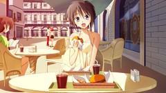 Food drinks anime girls short hair black hair game cg soranica 