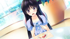 Food eating blush anime girls indoors black hair open mouth 