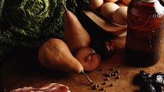 Food eggs vegetables meat pears
