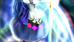 Food eye peach dress hats Earth red eyes blue hair long hair 