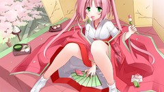 Food fans pink hair anime girls green eyes cherry blossoms 