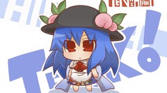 Food hats Chibi red eyes blue hair long hair touhou hinanawi 