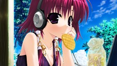 Food headphones anime girls short hair game cg purple eyes 