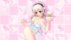Food headphones Anime pink background red eyes blush pink hair 