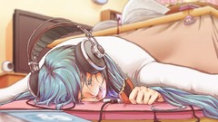 Food headphones Anime sleeping blue hair anime girls hatsune 