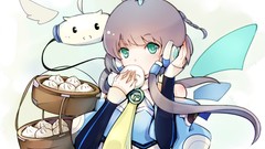 Food headphones white background long hair green eyes vocaloid 