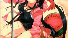 Food Katana watermelons Beaches tongue long hair barefoot bangs 
