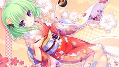 Food kimono short hair green hair mikagami mamizu purple eyes 
