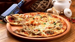 Food melting pizza seafood mussels shrimps cheesy