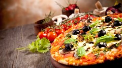 Food olives tomatoes pizza depth of field food art