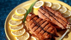 Food plates meat lemons
