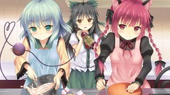 Food red eyes blush long hair anime girls green eyes short hair 