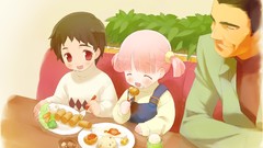 Food red eyes pink hair sakura musubi cuffs