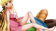 Food Ribbons blondes blush long hair barefoot yellow eyes 