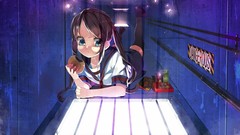 Food skirts eating anime girls blue eyes brunettes school 