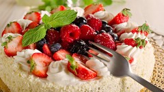 Food strawberries fruits cakes raspberries forks