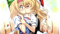 Food surprise chicken dress blondes kissing blush anime girls 