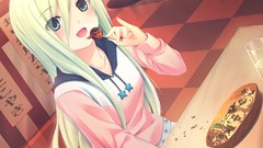 Food Tables sitting floor eating long hair anime girls green 