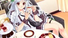 Food tie red eyes anime girls seifuku gray hair game cg Renai 
