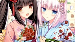 Food white hair kimono blush long hair anime girls blue eyes 
