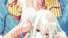 Food white hair red eyes anime girls lying down bikini no more 