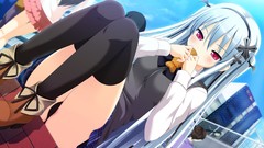 Food wings white hair red eyes sitting schoolgirls buildings 