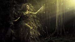 forest Women Desktopography sun rays Trees digital art roots