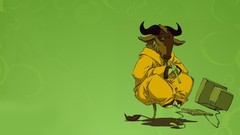 Funny green background flute wildebeest floating minimalistic 