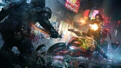 futuristic cyberpunk Women girls with swords machine gun knife