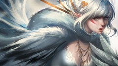 Game white hair tattoos gray eyes cleavage artwork