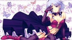 Games Butterflies navel white hair gloves sitting gray eyes 