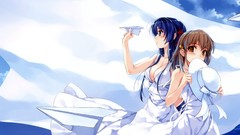 Games dress hats blue hair anime girls brunettes white dress 