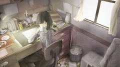 Garbage woman paper Books chairs shelf cookies mugs Lamps 