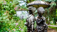 Garden Umbrellas statues Fountains bokeh water drops sculptures 