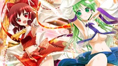 Gate navel bows fans skirts blush smiling long hair green eyes 