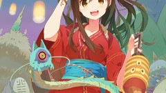 Ghosts masks anime girls brunettes yukata Japanese clothes