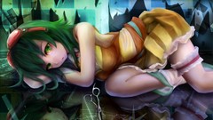 Glass scissors reflections floor skirts anime girls green eyes 