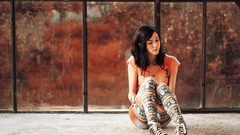 Glass summer autumn pink woman orange windows concrete Shorts 