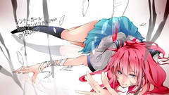 Glass text blood reflections schoolgirls skirts pink hair long 