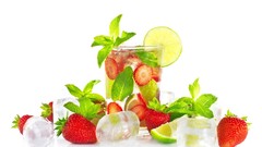 Glass white strawberries fruits ice cubes