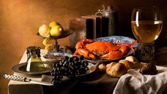 Glass wine Books food plates bread grapes crabs Knives lemons 