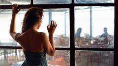 Glass woman cafe window dress brunettes window panes