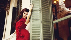 Glass woman red dress doors brunettes models