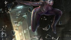 Glass woman tattoos blue hair blue eyes jumping artwork broken 