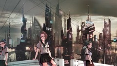 Glasses anime girls school uniforms cityscapes meganekko 
