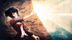 Glasses anime girls short hair yellow eyes black hair standing