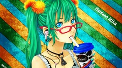 Glasses blue eyes earphones hatsune miku vocaloid green hair 